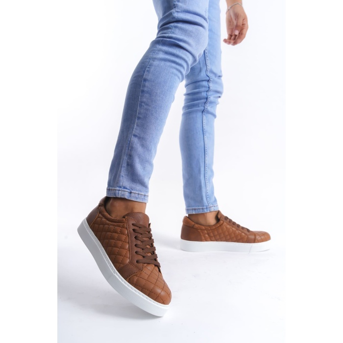 SLW166 Prestige Bağcıklı Cilt Kapitone Desenli Erkek Günlük Sneaker Ayakkabı BT - Taba