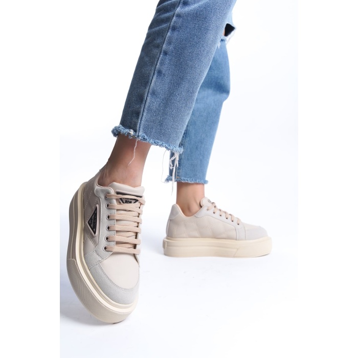 PRAG Bağcıklı Ortopedik Taban Desenli Kadın Sneaker Spor Ayakkabı  KT - Krem