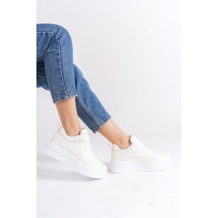 ALESSI Bağcıklı Ortopedik Taban Kadın Sneaker Spor Ayakkabı BT - Kırık Beyaz