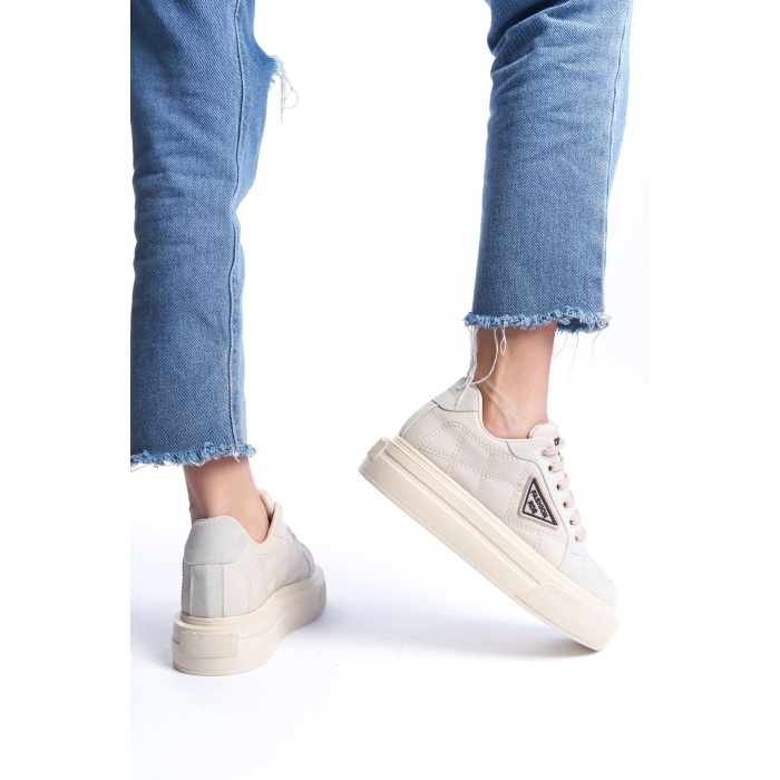 PRAG Bağcıklı Ortopedik Taban Desenli Kadın Sneaker Spor Ayakkabı  KT - Krem