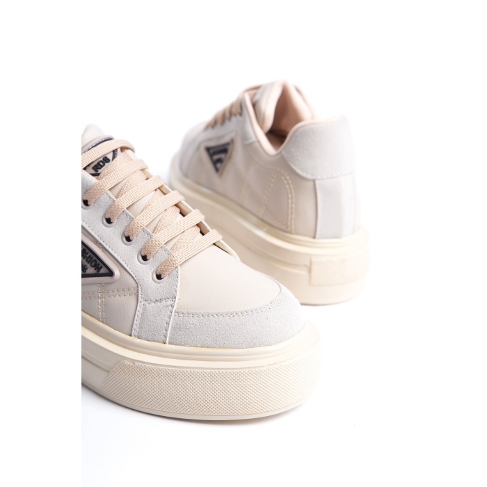 PRAG Bağcıklı Ortopedik Taban Desenli Kadın Sneaker Spor Ayakkabı  KT - Krem