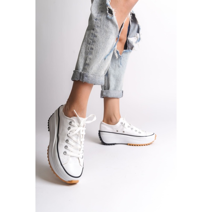 PARIS Bağcıklı Ortopedik Taban Kadın Sneaker Spor Ayakkabı  BT - Beyaz