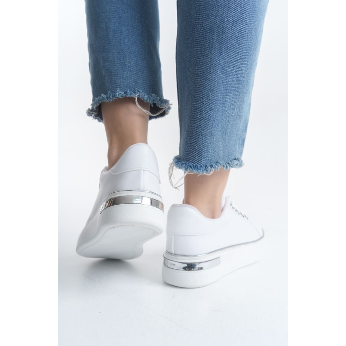 MINA Bağcıklı Ortopedik Taban Kadın Sneaker Spor Ayakkabı  BT - Beyaz/Gümüş