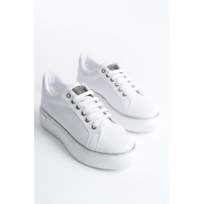 MINA Bağcıklı Ortopedik Taban Kadın Sneaker Spor Ayakkabı  BT - Beyaz/Gümüş