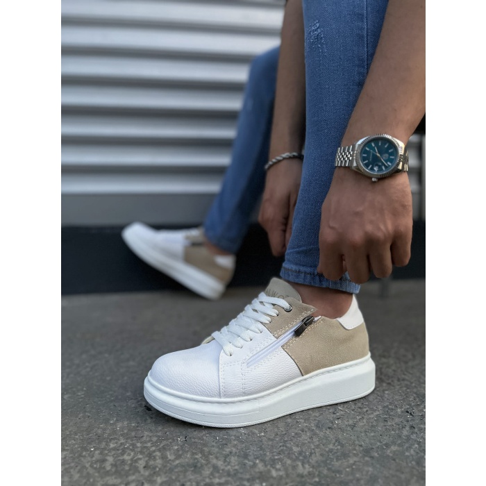 JY155 Warrior Bağcıklı ve Fermuarlı Cilt Süet Erkek Günlük Sneaker Ayakkabı CSBT - Beyaz/Krem