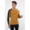 Erkek Hardal Kolu Şeritli Kalın Kışlık Günlük Triko Kazak