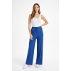 Kadın Saks Mavi Yüksek Bel Fitilli Örme Bağcıklı Esnek Likralı Geniş Paça Pantolon