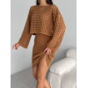 Kadın Delikli Kazak Askılı Elbise Triko Kumaş İkili Takım - Kahve