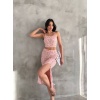 Kadın Toz Pembe Çiçek Desenli Askılı Crop Bluz ve Yırtmaçlı Etek İkili Takım