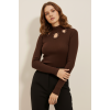 Kaşkorse Taş Detaylı Cut Out Balıkçı Yaka Bluz - Kahverengi
