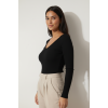 Siyah V Yaka Uzun Kollu Fitilli Kadın Bluz