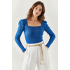 Kare Yaka Prenses Kol Kaşkorse Bluz - Saks Mavi
