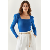Kare Yaka Prenses Kol Kaşkorse Bluz - Saks Mavi