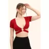 Kadın Bordo Renkli Ön Halka Ve Şeritli Crop Top