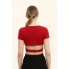 Kadın Bordo Renkli Ön Halka Ve Şeritli Crop Top