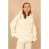 Petek Kumaş Uzun Kol Kapüşonlu Fermuar Detaylı Kadın Sweatshirt-ekru