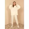 Petek Kumaş Uzun Kol Kapüşonlu Fermuar Detaylı Kadın Sweatshirt-ekru