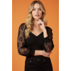V Yaka Büzgülü Dantel Balon Kol Siyah Viskon Bluz