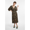 Kadın Siyah Leopar Desenli Bürümcük Dokuma Kruvaze Yaka Yarasa Kol Önü Yırtmaçlı Midi Elbise