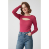 Kadın Pembe Pamuklu Kaşkorse Pencere Yaka Cut Out Detaylı Uzun Kollu Slim Fit Bluz