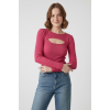 Kadın Pembe Pamuklu Kaşkorse Pencere Yaka Cut Out Detaylı Uzun Kollu Slim Fit Bluz