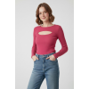 Kadın Pembe Pamuklu Kaşkorse Pencere Yaka Cut Out Detaylı Uzun Kollu Slim Fit Bluz