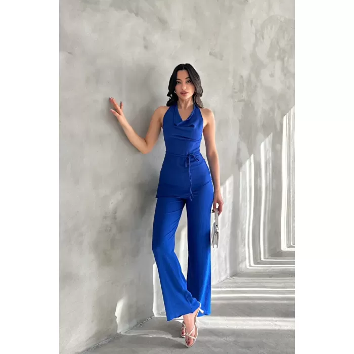 Kadın Saks Mavisi Degaje Yaka Bluz ve Pantolon İkili Takım