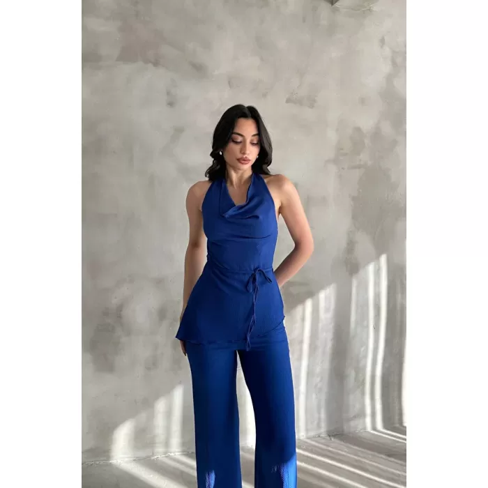 Kadın Saks Mavisi Degaje Yaka Bluz ve Pantolon İkili Takım
