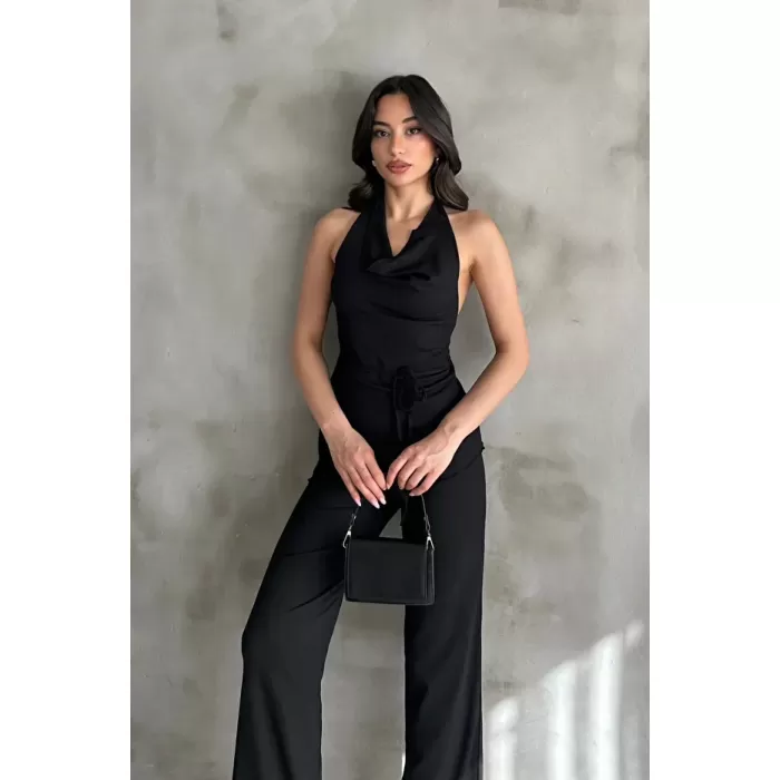 Kadın Siyah Degaje Yaka Bluz ve Pantolon İkili Takım