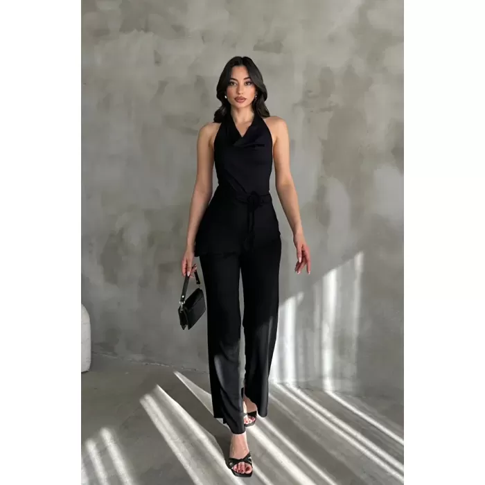 Kadın Siyah Degaje Yaka Bluz ve Pantolon İkili Takım