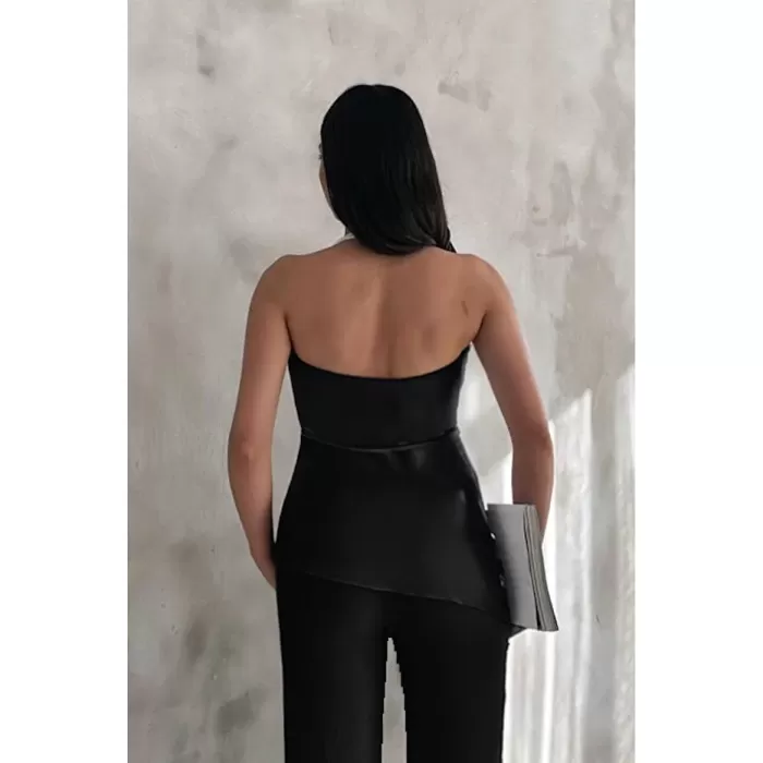 Kadın Siyah Degaje Yaka Bluz ve Pantolon İkili Takım