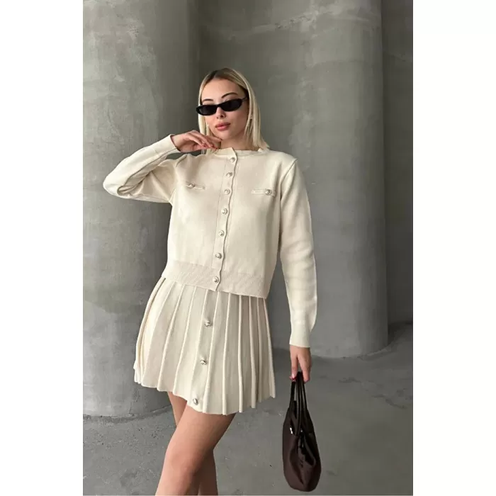 Kadın Triko Mini Etek Hırka Takım – Krem