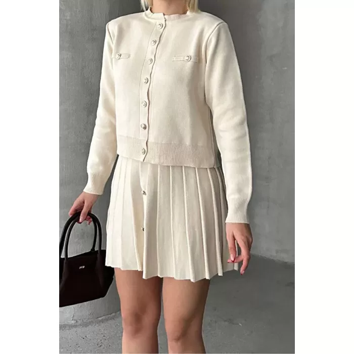 Kadın Triko Mini Etek Hırka Takım – Krem