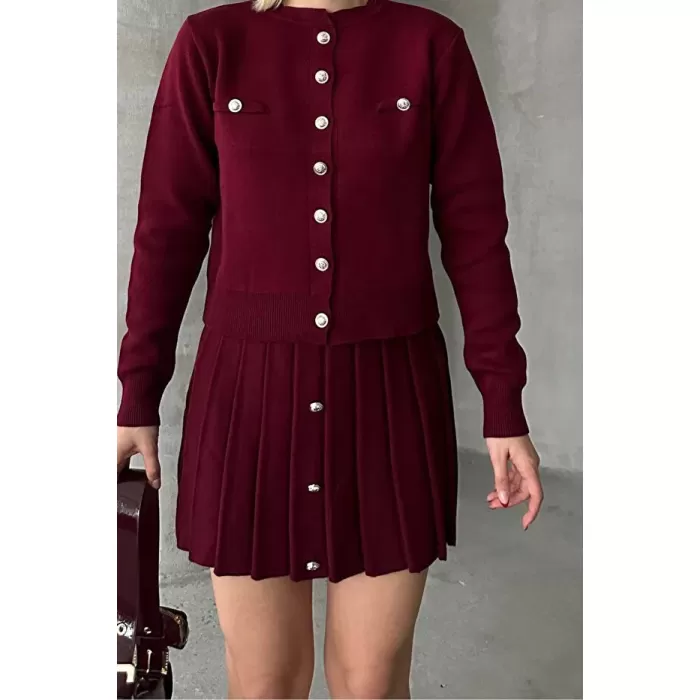 Kadın Triko Mini Etek Hırka Takım – Bordo