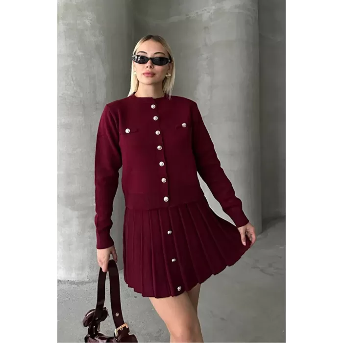 Kadın Triko Mini Etek Hırka Takım – Bordo