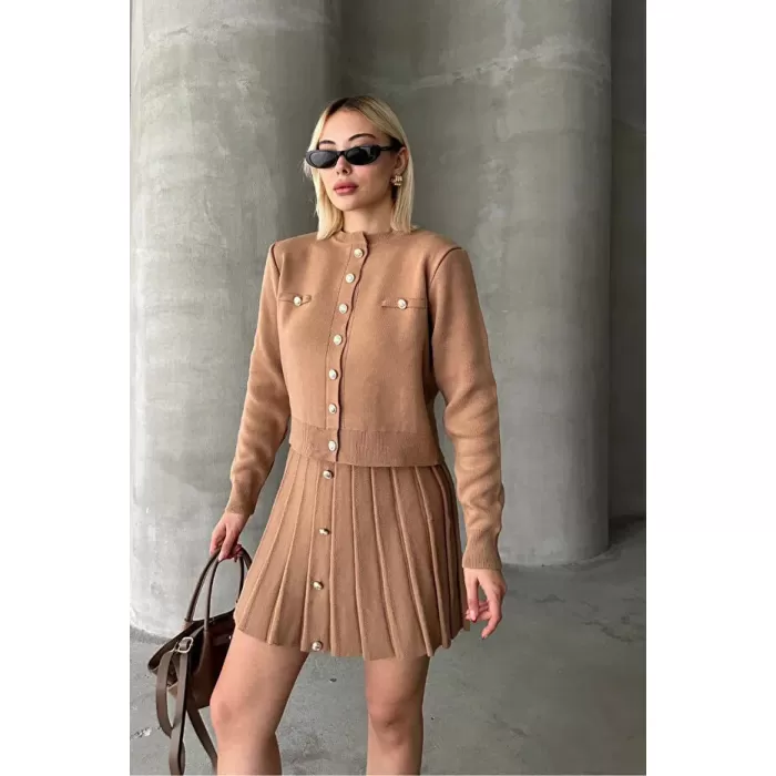 Kadın Triko Mini Etek Hırka Takım – Camel