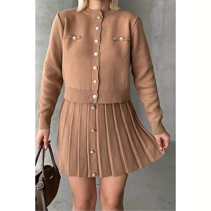 Kadın Triko Mini Etek Hırka Takım – Camel