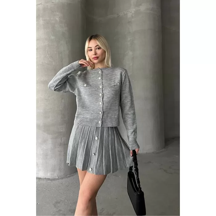 Kadın Triko Mini Etek Hırka Takım – Gri