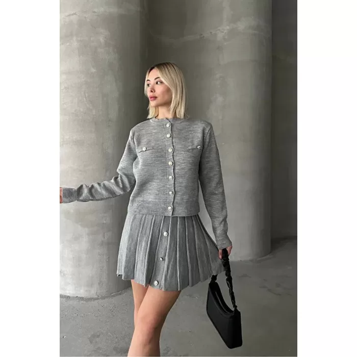 Kadın Triko Mini Etek Hırka Takım – Gri