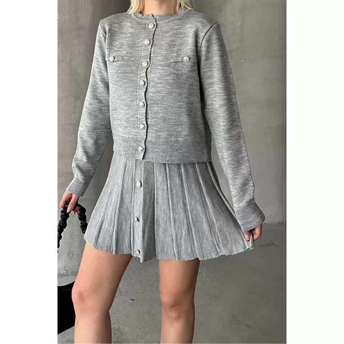 Kadın Triko Mini Etek Hırka Takım – Gri