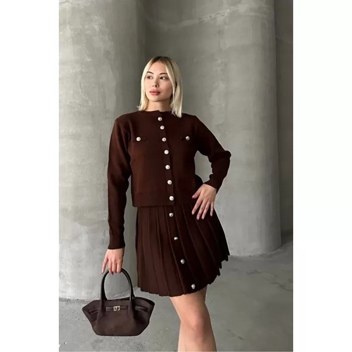 Krem Mini Etek Hırka Kadın Kahverengi Alt Üst Takım