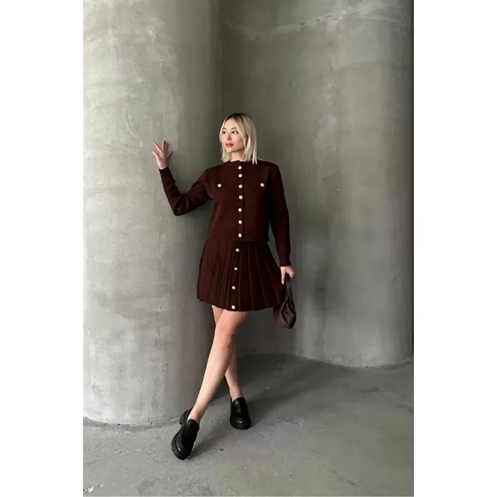 Krem Mini Etek Hırka Kadın Kahverengi Alt Üst Takım