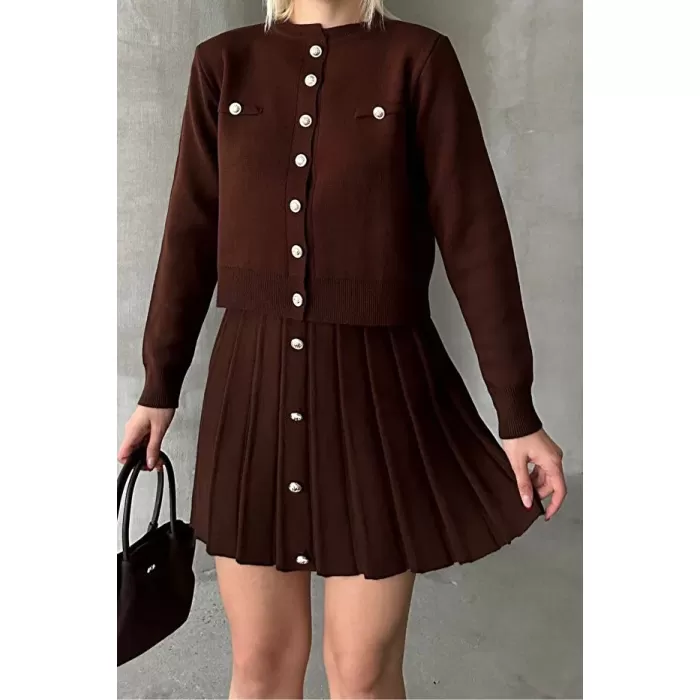 Krem Mini Etek Hırka Kadın Kahverengi Alt Üst Takım