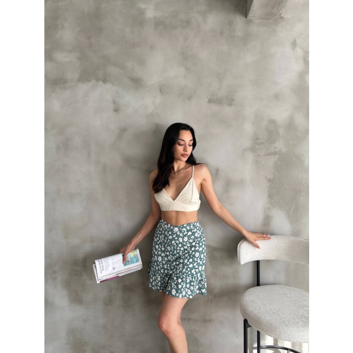 Kadın Yeşil Çiçek Desenli Mini Şort Etek