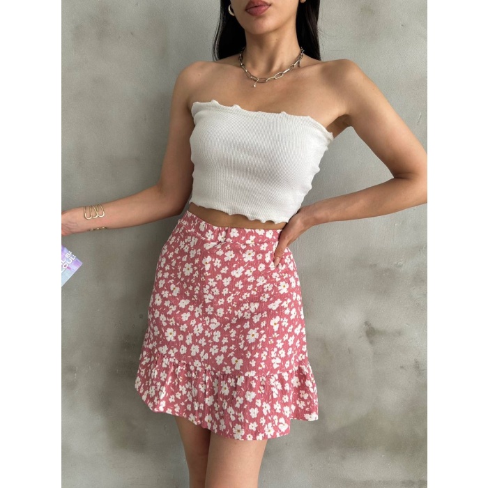 Kadın Pembe Çiçek Desenli Mini Şort Etek