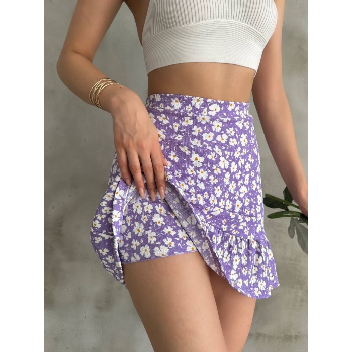 Kadın Lila Çiçek Desenli Mini Şort Etek
