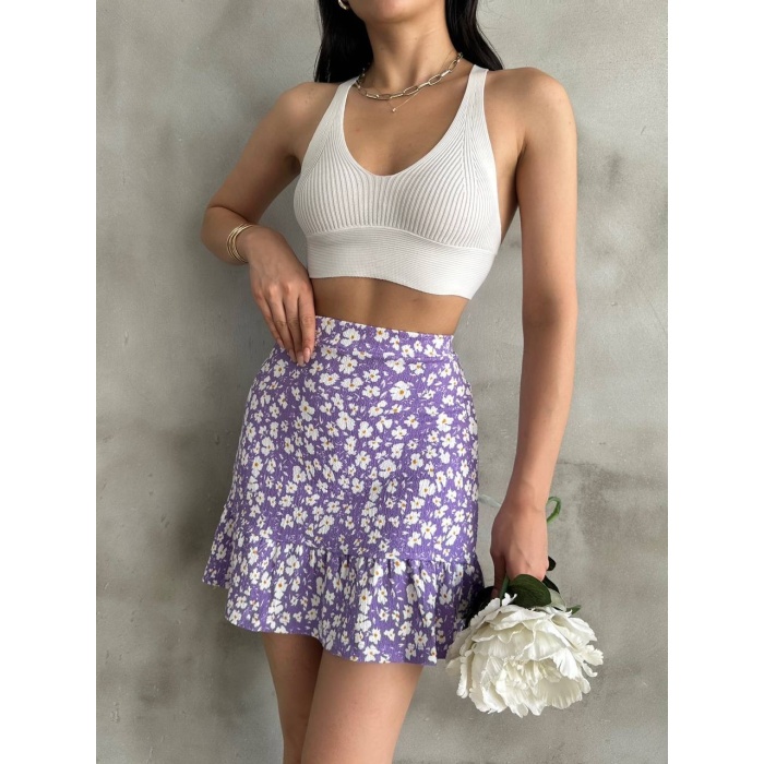 Kadın Lila Çiçek Desenli Mini Şort Etek