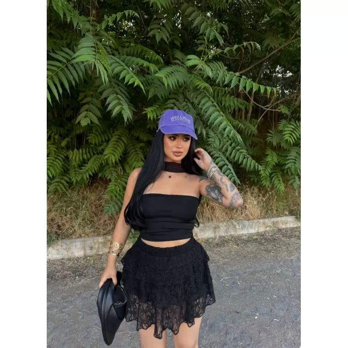 Kadın Dentel Şortlu Etek - Siyah