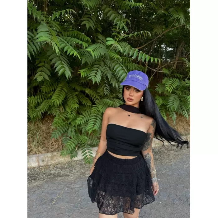 Kadın Dentel Şortlu Etek - Siyah