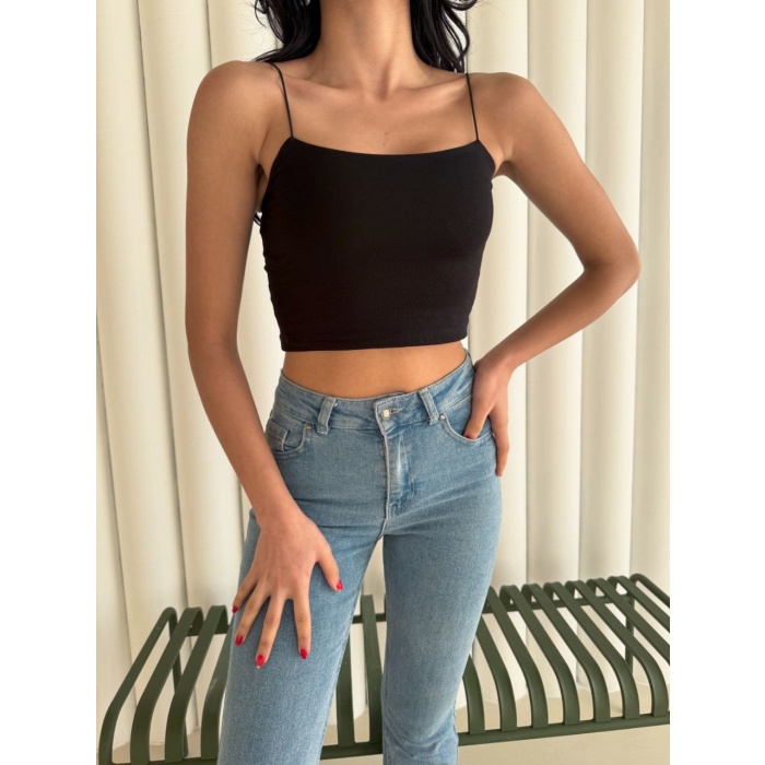 Kadın İp Askılı Kısa Crop - Siyah